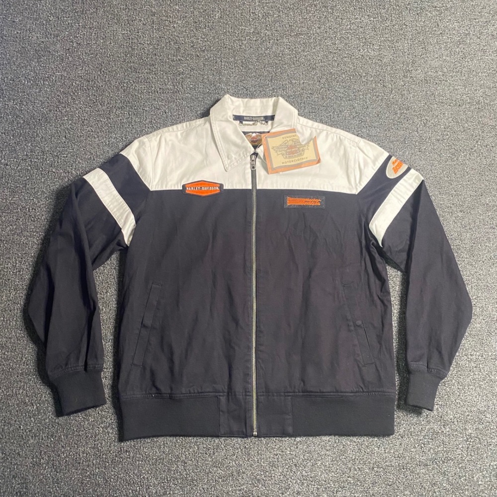 Harley Davidson Vintage Race Jacket‎ Black White Womens Large Colorblock Zip NEW